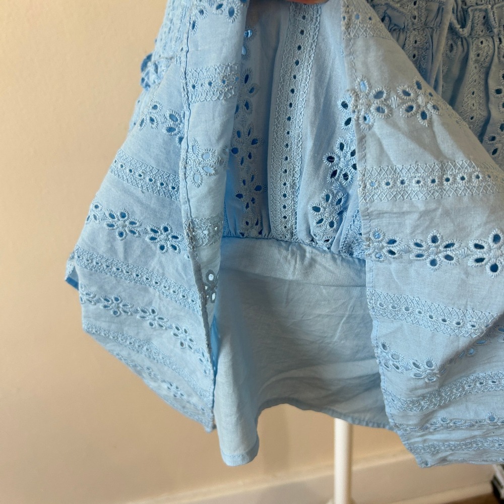 Mable Light Blue Eyelet Tiered Cutout Boho Festival Mini Dress S - Picture 8 of 11